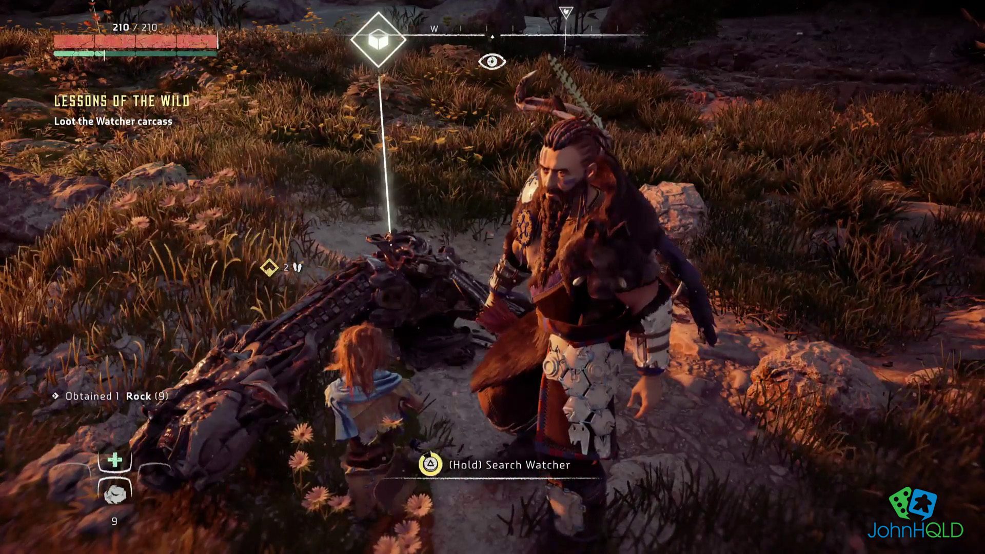 Aloy harvesting parts from defeated robot